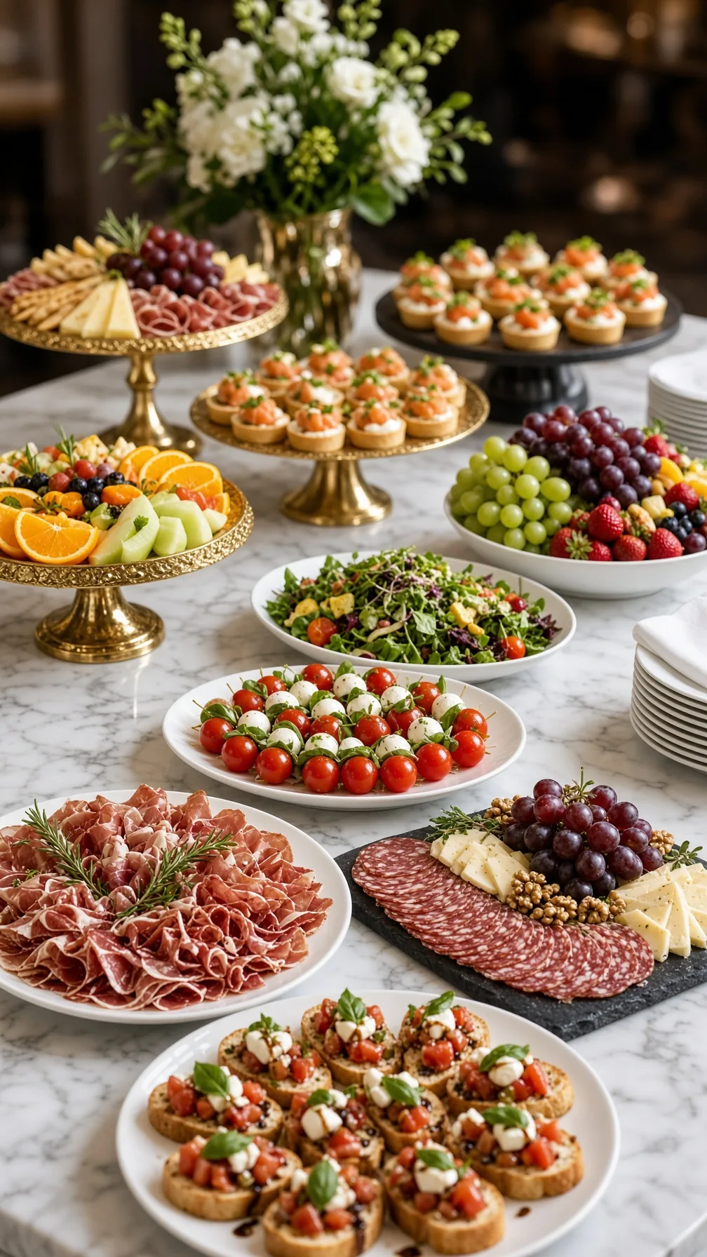 Сырная и мясная нарезка, виноград, овощные канапе и закуски на золотистых подставках
